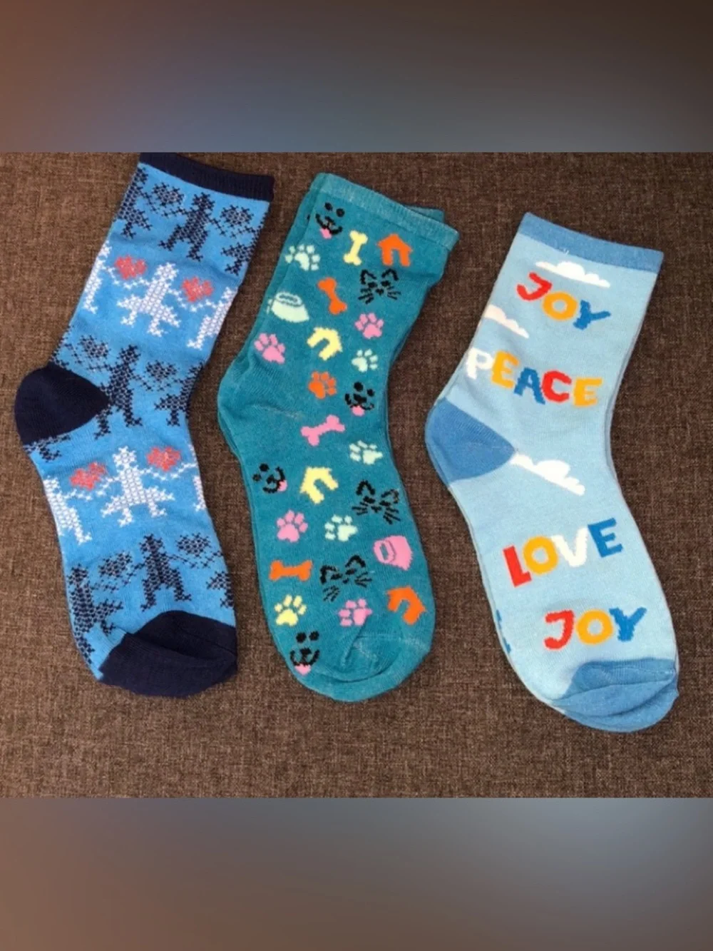 3 Pair Crew Ankle Socks L/XL 10/12  Robots/Hearts, Cat/Dog, Peace/Love/Joy New